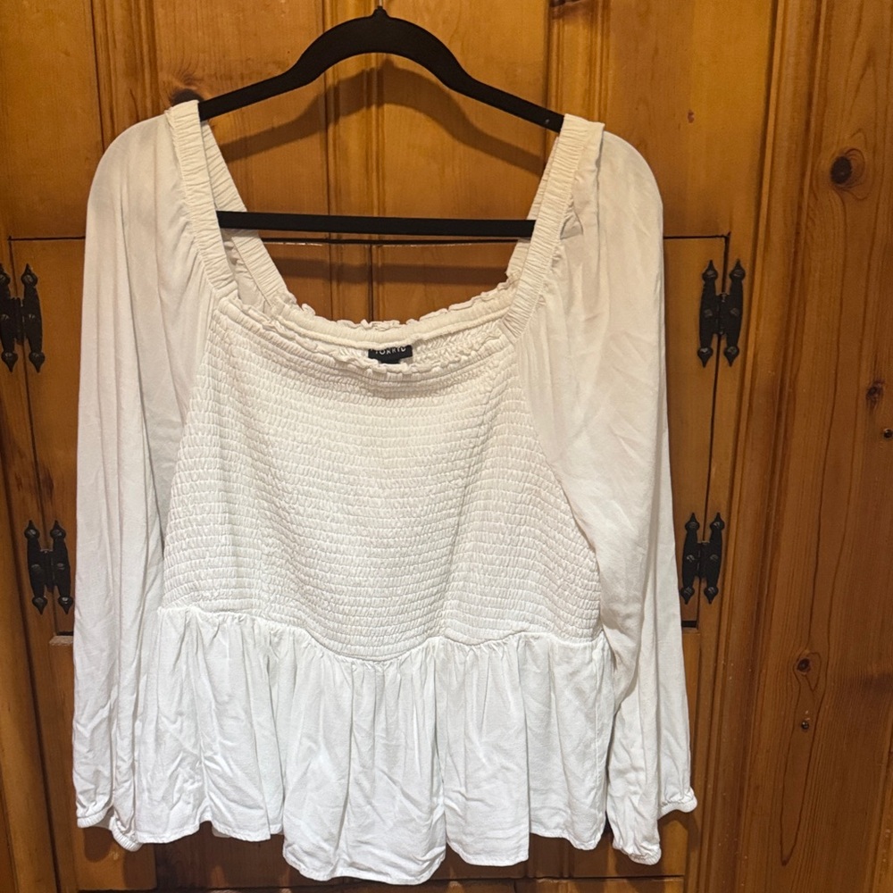 torrid White Smocked Peplum Long-Sleeve Blouse